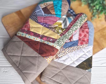 Scrappy Patchwork Oven Mitts | Handmade Quilted Kitchen Mitts | Farmhouse Kitchen Decor | Heat Resistant Cotton Mitt Set
