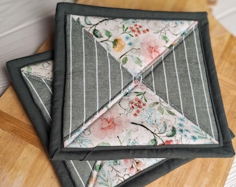 Green Floral Quilted Pot Holders | Handmade Farmhouse Hot Pads | Cottage Kitchen Decor | Heat Resistant Trivet Set