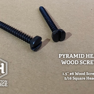 Two black pyramid head wood screws with slotted heads. The screws are 1.5 inches long and are #8 wood screws with 5/16 square heads. The image also includes the Hutton Forge logo.