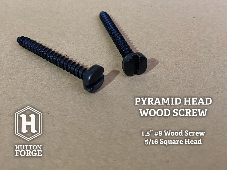 Two black pyramid head wood screws with slotted heads. The screws are 1.5 inches long and are #8 wood screws with 5/16 square heads. The image also includes the Hutton Forge logo.