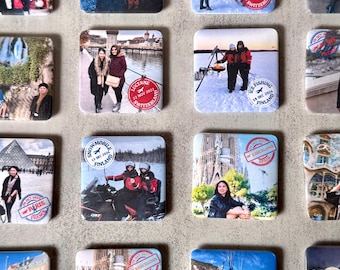 Custom Travel Memory Magnets | Photo Gift Set | Fridge Magnet Souvenir | Vacation Memory Keepsake | Modern Passport Stamp Art for Traveler