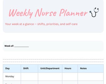 Planificador de enfermería imprimible / Organizador de horarios semanales, registro de turnos (descarga digital)