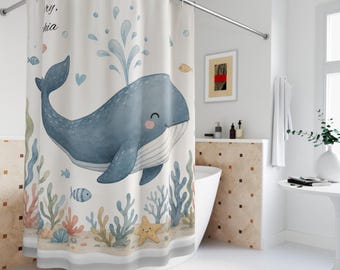 Watercolor Whale Shower Curtain | Pastel Ocean Nursery Decor, Undersea, Kids Bath