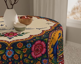 Pakistan Truck Art Tablecloth, Peacock Floral Linen Cover (55 inches)