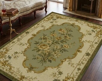 Sage Green French Aubusson Style Floral Area Rug, Vintage French Country Carpet