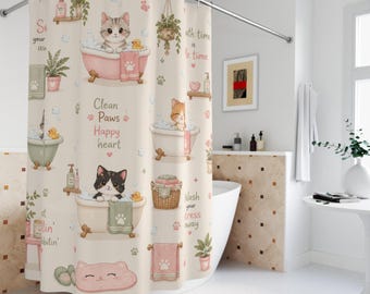 Kitten, Cat Bathtub Shower Curtain | Whimsical Pastel Bathroom Decor, Kids Bath, Girl Bath