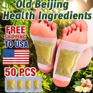 以下が含まれることがあります： 健康パッチが貼られた2つの足の画像。「Old Beijing Health Ingredients」と「50 PCS」というテキストが含まれています。アメリカの国旗も画像に表示されています。
