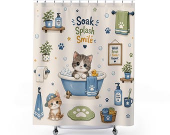 Cat Shower Curtain | Kitten Bathtime Bathroom Decor, kids Bath, Boy Bath
