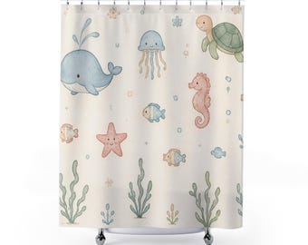Cortina de ducha con criaturas marinas en acuarela / Decoración de baño con animales del océano, Baño infantil