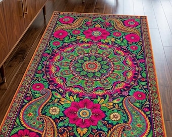 Pakistan Truck Art Rug | Vibrant Boho Floral Mandala Paisley Area Rug
