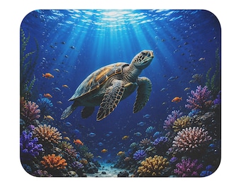 Sea Turtle Coral Reef Mouse Pad | Underwater Ocean Desk Mat, Tropical Marine Decor