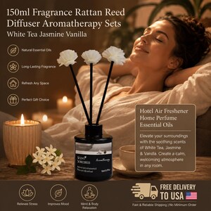 May include: Aromatherapy set with a black glass bottle, black reeds, and white flower-shaped diffusers. The bottle is labeled "SCENT SORCERESS Aromatherapy" and contains 150ml of White Tea, Jasmine, and Vanilla fragrance. A lit candle and a cup of tea are also visible.