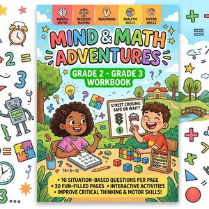 Peut inclure: Une couverture de cahier colorée "Mind & Math Adventures" pour les classes de CE1-CM1. L'image présente des enfants, des symboles mathématiques et un panneau de signalisation routière. Il promet des pages amusantes et des activités interactives.