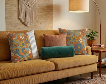 Retro Floral Swirl Pillow Cover, 70s Boho Decor, Vintage Cushion, Spun Polyester Flower Pillow