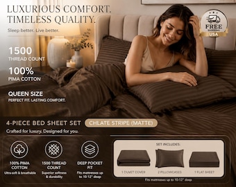Queen 100% Pima Cotton Bed Sheets | 1500 Thread Count Chocolate Stripe Sateen 4-Piece Set