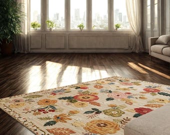 Large Boho Floral Area Rug, 8x10 Machine Washable Low Pile Home Decor
