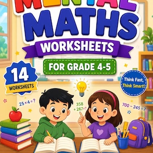Puede incluir: Una colorida portada de hojas de trabajo de matemáticas mentales para los grados 4-5. El título "MENTAL MATHS WORKSHEETS" está en letras grandes y multicolores. La imagen incluye ilustraciones de niños, problemas de matemáticas e iconos.