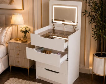 Modern Wooden Vanity Dresser with LED Mirror, 3-Drawer Storage, White Nightstand