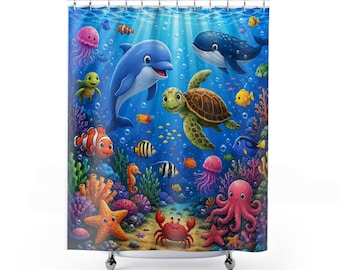 Ocean Life Shower Curtain: Whales, Dolphins, Turtles, Coral Reef Design