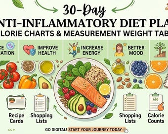 30-Day, Anti Inflammatory Diet Plan | Meal Planner, Calorie Charts, Weight Tracker (PDF)