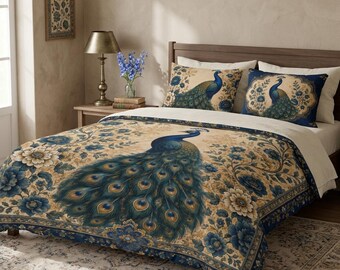 Juego de cama de algodón con estampado floral de pavo real, funda nórdica y funda de almohada personalizadas, ropa de cama transpirable y ecológica.