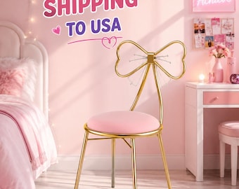 Gold Metal Vanity Chair, Bow Knot Backrest, Velvet Upholstery, Makeup Stool