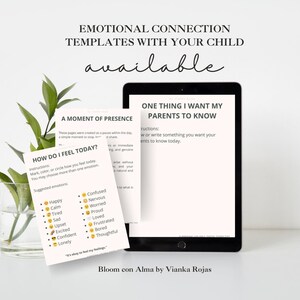 Puede incluir: Una tableta digital y hojas de trabajo impresas con el texto "EMOTIONAL CONNECTION TEMPLATES WITH YOUR CHILD AVAILABLE." Las hojas de trabajo incluyen indicaciones como "How Do I Feel Today?" y "One Thing I Want My Parents to Know."