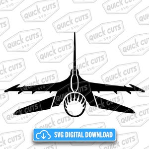 May include: Black silhouette of a fighter jet, a digital SVG download. The jet has wings, a tail, and a detailed front section. The image includes the text "SVG DIGITAL DOWNLOAD" in a blue box, and the words "QUICK CUTS" repeated.