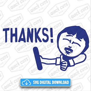 Puede incluir: Gráfico azul con la palabra "THANKS!" y un personaje de dibujos animados haciendo una señal de aprobación. La imagen también incluye el texto "SVG DIGITAL DOWNLOAD" en un botón azul.