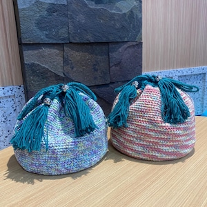 Handgemachte Kordelzug Tasche mit Quasten - Bunt gewebte Boho Geldbörse