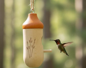 Wooden Humming Bird Nest with Hemp Ropes,Handcrafted Hummingbird Birdhouse,Handmade Bird Feeder Housewarming Gifts,Rustic Garden Decor