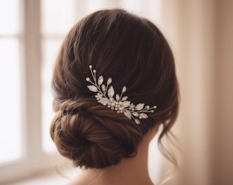 Pearl Bridal Hair Comb,Diamond Rhinestones Leaf Bridal Hair Comb,Gold Veil Comb,Wedding Hair Accessories,Wedding Hair Piece,Leaf Hair Piece