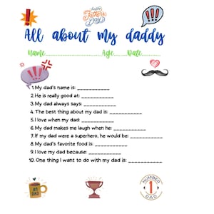 All about My Dad Father’s Day Questionnaire PDF - Instant Download - Fill-in-the-Blank Kids Printable - Gift for Dad/Grandpa