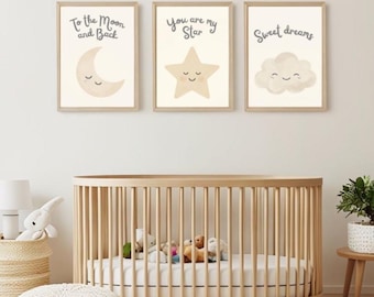 Moon, Star, Cloud Nursery Art Prints | Minimalist Decor (Digital Download)