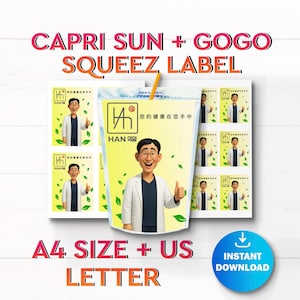 May include: A sheet of Capri Sun and GoGo Squeez labels with a cartoon image of a man giving a thumbs up. The labels include the text "CAPRI SUN + GOGO SQUEEZ LABEL", "A4 SIZE + US LETTER", and "INSTANT DOWNLOAD".