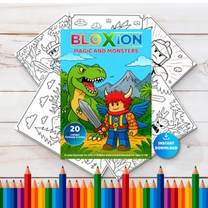 20-page coloring book for kids in Roblox-inspired style – bold outlines, dragons & monsters, printable A4 PDF, ages 5–10