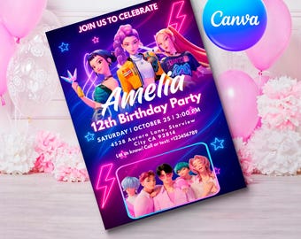 Invito di compleanno K-Pop modificabile, festa dei cacciatori di demoni (digitale)