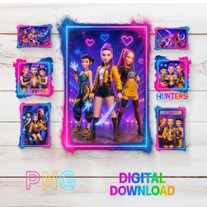 Peut inclure: Graphique de téléchargement numérique avec trois personnages animés en tenues élégantes, tenant une épée. L'image est encadrée d'une bordure rose et bleue néon, avec le texte "PNG" et "TÉLÉCHARGEMENT NUMÉRIQUE". De petites images avec le mot "Hunters" sont également présentes.