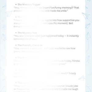 May include: A white graphic with the title "7 Texts to get your Ex Back" and text suggestions for communication. The background is light blue with paper airplane illustrations. The text includes conversation starters.