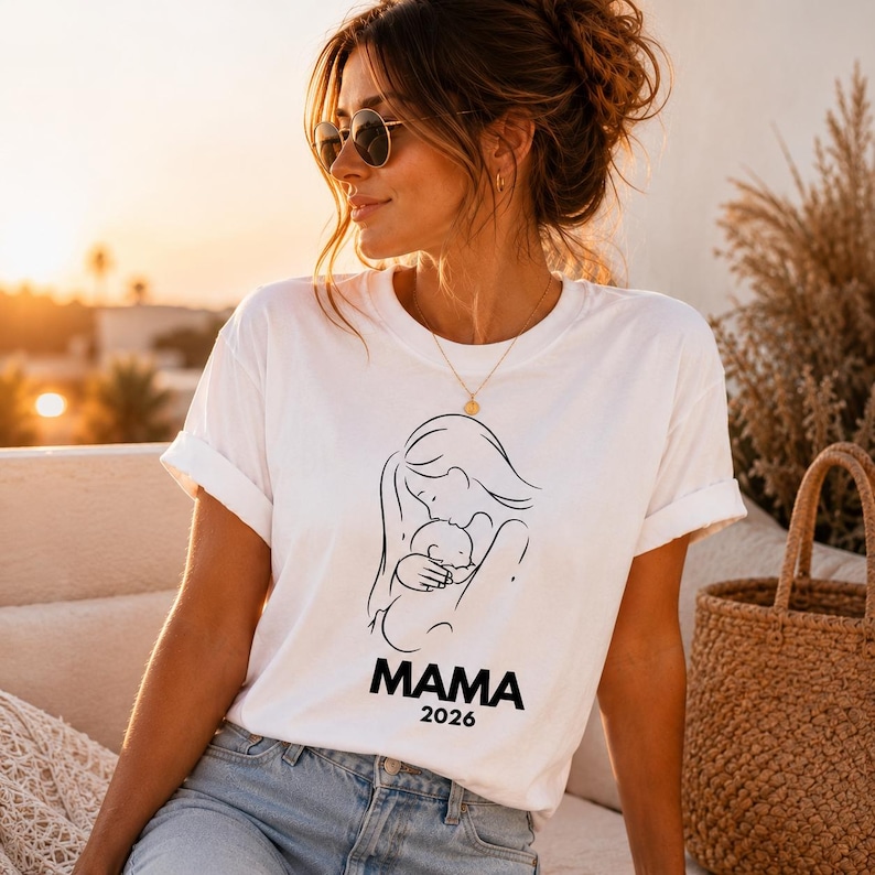 May include: White t-shirt with a black line drawing of a mother holding a baby. The word "MAMA" is printed below the image, with "2026" underneath. The shirt has rolled-up sleeves and is worn by a person.