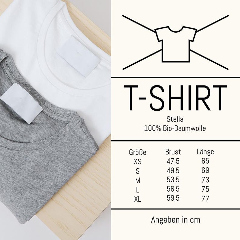 May include: Two t-shirts, one white and one gray, are neatly folded on a wooden surface. The image includes a graphic with the word "T-SHIRT" and size information in centimeters. The shirts are made of 100% organic cotton.