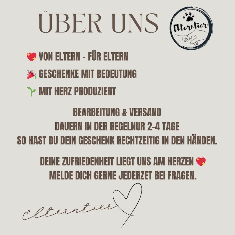 May include: A light beige graphic with the text "&Uuml;BER UNS" at the top. Below, the text reads "VON ELTERN - F&Uuml;R ELTERN", "GESCHENKE MIT BEDEUTUNG", and "MIT HERZ PRODUZIERT". The image also includes a logo and a heart.