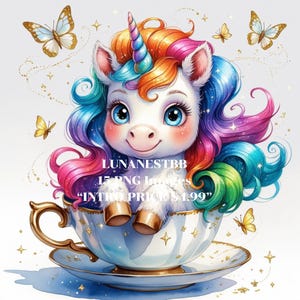 15 graziosi unicorni in formato JPG - Unicorni arcobaleno pastello in tazza da tè, arte magica per bambini con acquerelli, set di clipart di fiabe fantasy