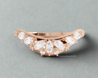 Custom Curved Wedding Band Women's Vintage Rose Gold Marquise Cut Diamond Wedding Band Real Lab Grown Diamond Marquise Bridal Stacking Ring