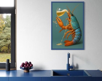 Champagne Lobster Art Print, Funny Coastal Wall Art, Glam Seafood Poster, Retro Ocean Kitchen Decor DIGITAL DOWNLOAD