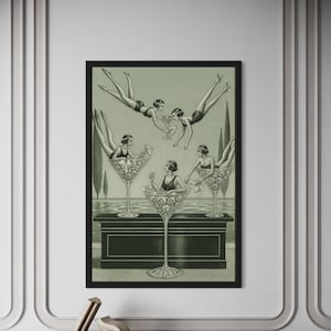 Może przedstawiać: Czarny oprawiony wydruk artystyczny z ilustracją w stylu vintage przedstawiającą kobiety w kieliszkach do martini. Grafika ma zielono-czarną kolorystykę, z kobietami w strojach kąpielowych i dekoracyjnymi kieliszkami do martini. Wydruk jest wyświetlany na czarnej konsoli.