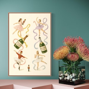 May include: A framed print featuring ballet dancers, champagne bottles, and a toy soldier. The artwork has a vintage style with pastel colors and ribbons. The words "Nutcracker Ballet" are on the champagne bottles.