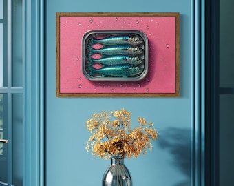 Popkonstfisktryck, udda köksväggkonst, disco-sardinposter, retro kustdekor, rosa matillustration DIGITAL NEDLADDNING