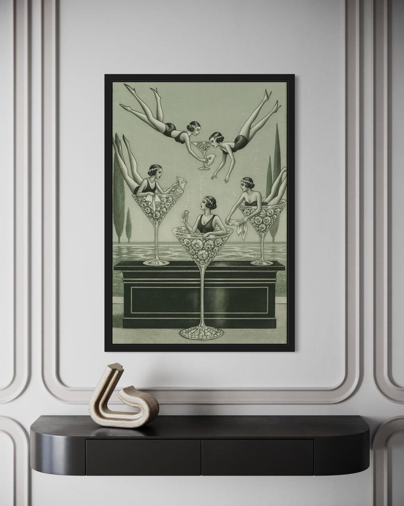 Art Deco Martini Swimmers Print, 1920s Cocktail Bar Wall Art, Vintage ...
