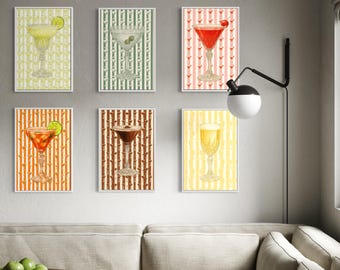 Mid Century Cocktail Art Set, Retro Bar Wall Decor, Vintage Martini Margarita Prints, Colorful Drink Poster DIGITAL DOWNLOAD
